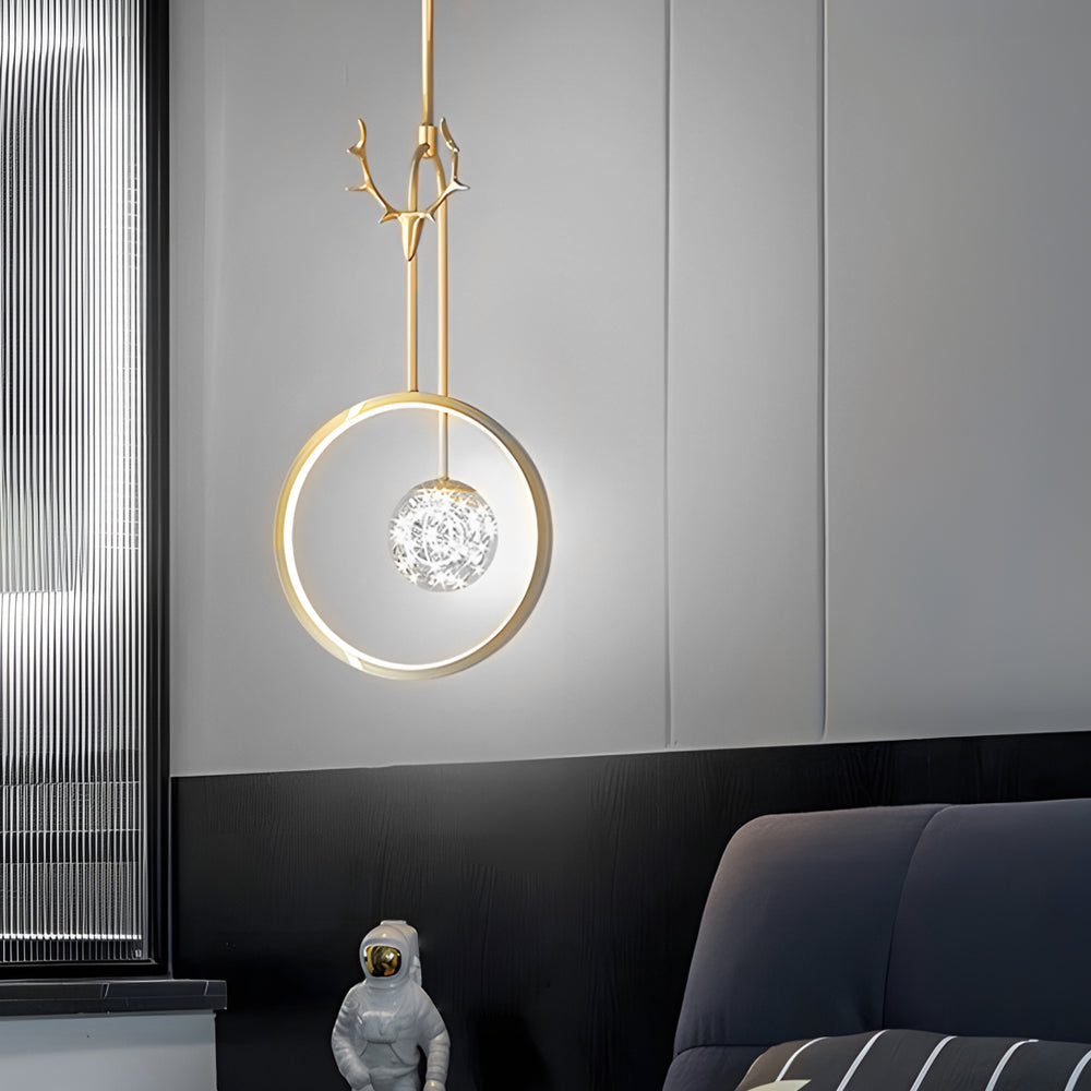 Modern Gold Antler Ring LED Pendant Light Dimmable Nordic Bedside Hanging Lamp for Bedroom