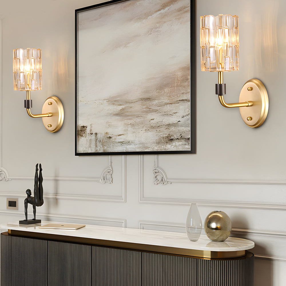 Modern Gold Copper Crystal Wall Sconce Luxury Cylinder LED Vanity Lamp for Bedroom and Hallway