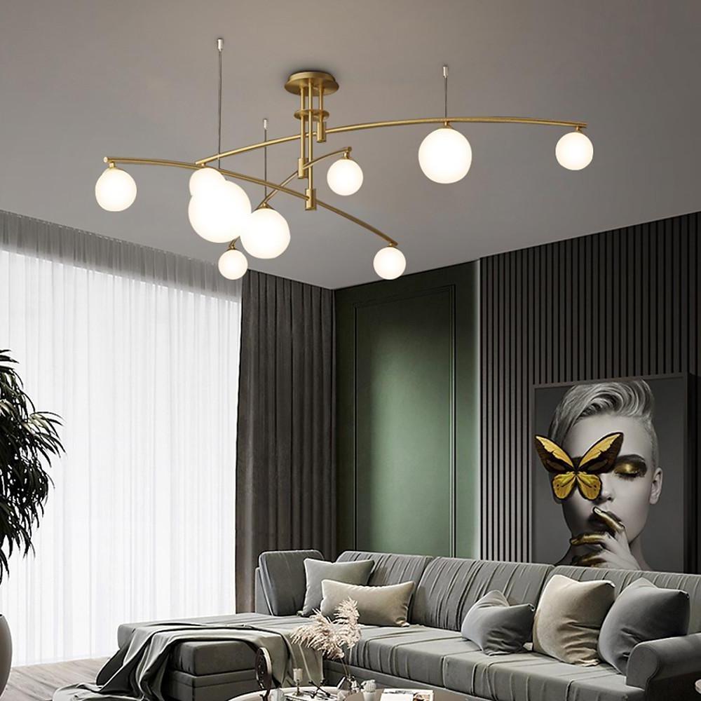 Modern Gold Copper LED Branch Chandelier with Irregular Glass Shades for Living Dining Room