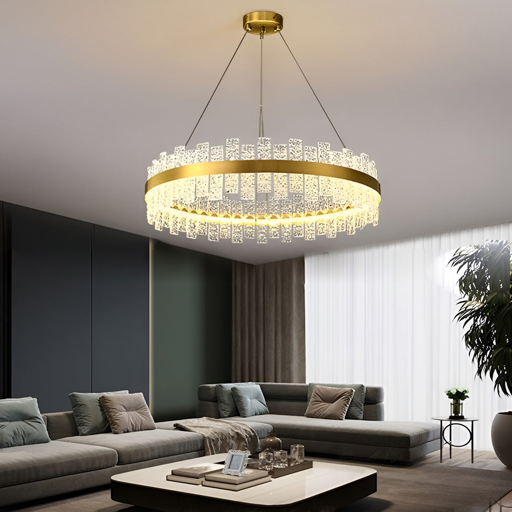 Modern Gold Crystal Chandelier with Water Ripple Glass Shades LED Dimmable Round Pendant Light