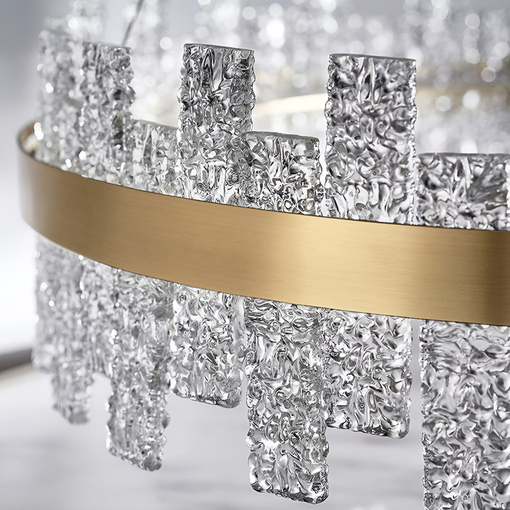 Modern Gold Crystal Chandelier with Water Ripple Glass Shades LED Dimmable Round Pendant Light