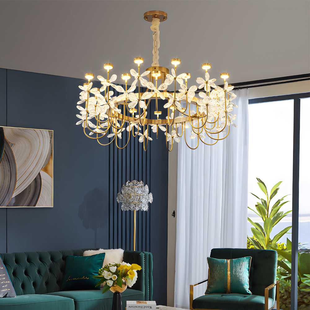 Modern Gold Crystal Flower Chandelier Luxury 24 Light LED Ceiling Fixture for Dining Living Room