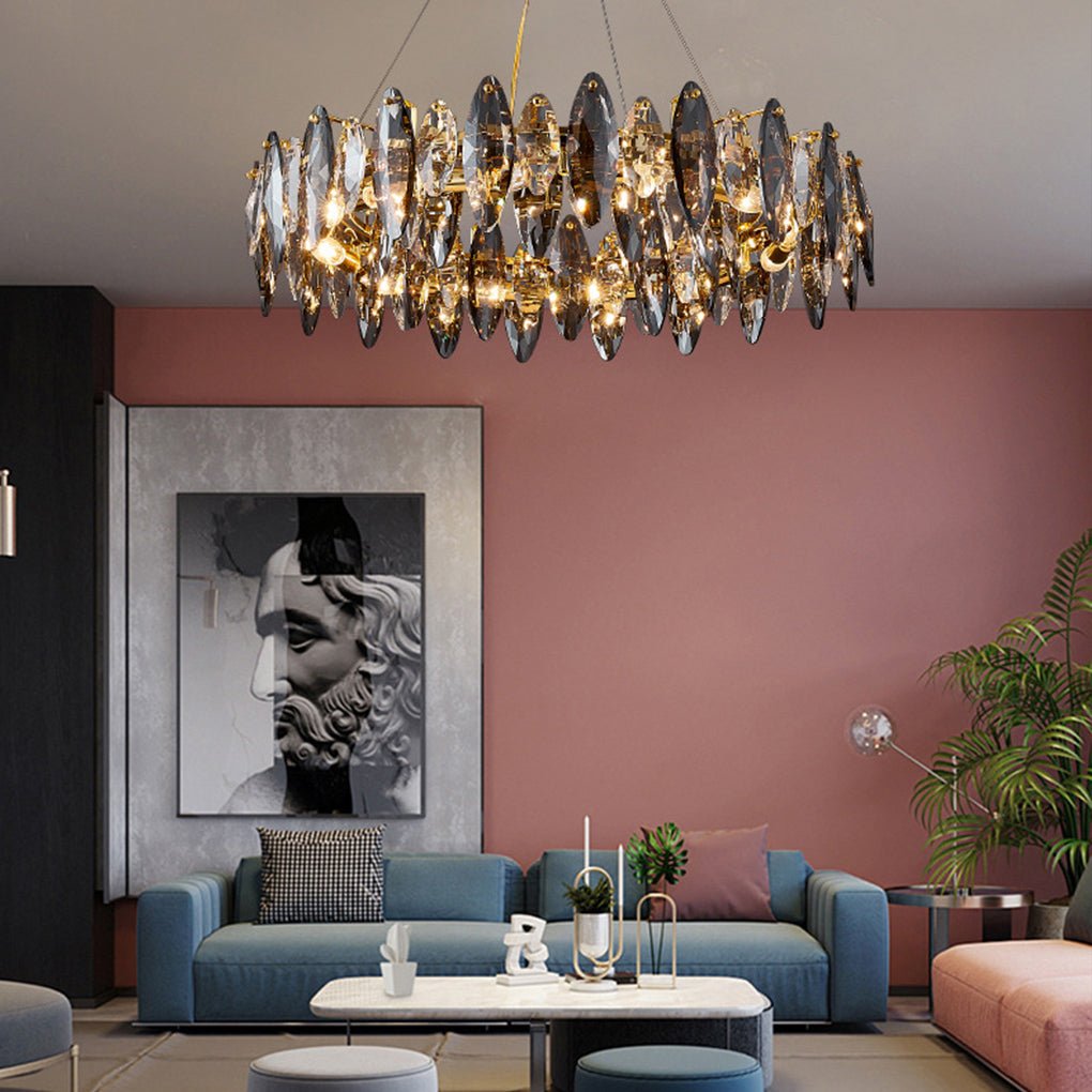 Modern Gold Crystal Pendant Light with Three Color LED for Luxury Living Room and Dining Room