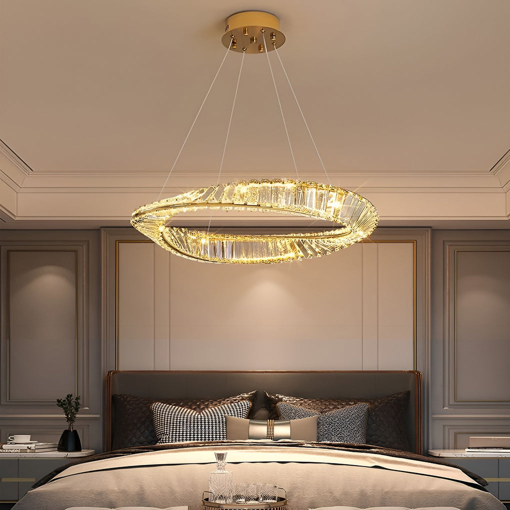 Modern Gold Crystal Ring LED Chandelier Dimmable Flush Mount Ceiling Light for Living Room Bedroom