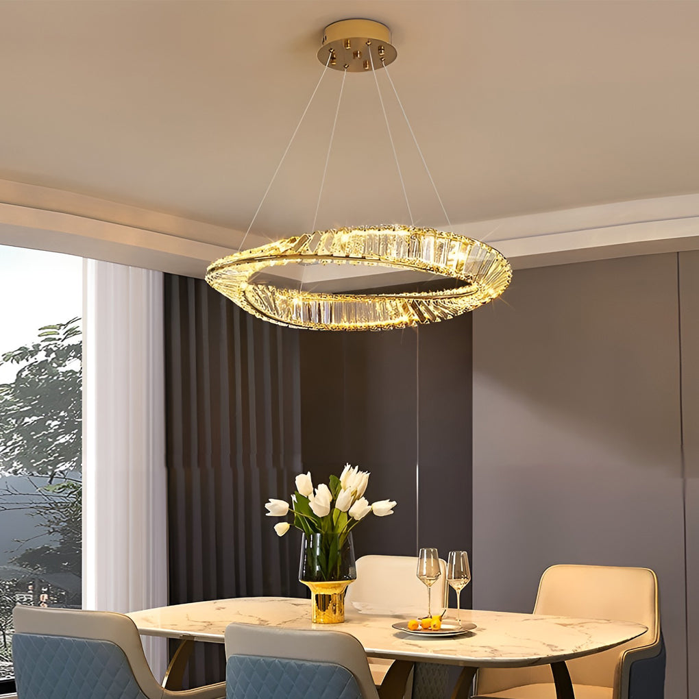 Modern Gold Crystal Ring LED Chandelier Dimmable Flush Mount Ceiling Light for Living Room Bedroom