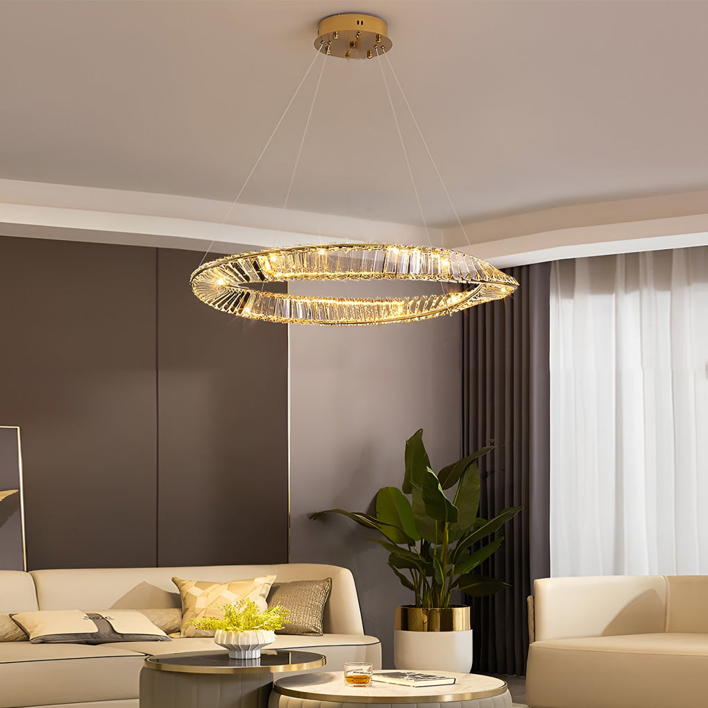 Modern Gold Crystal Ring LED Chandelier Dimmable Flush Mount Ceiling Light for Living Room Bedroom