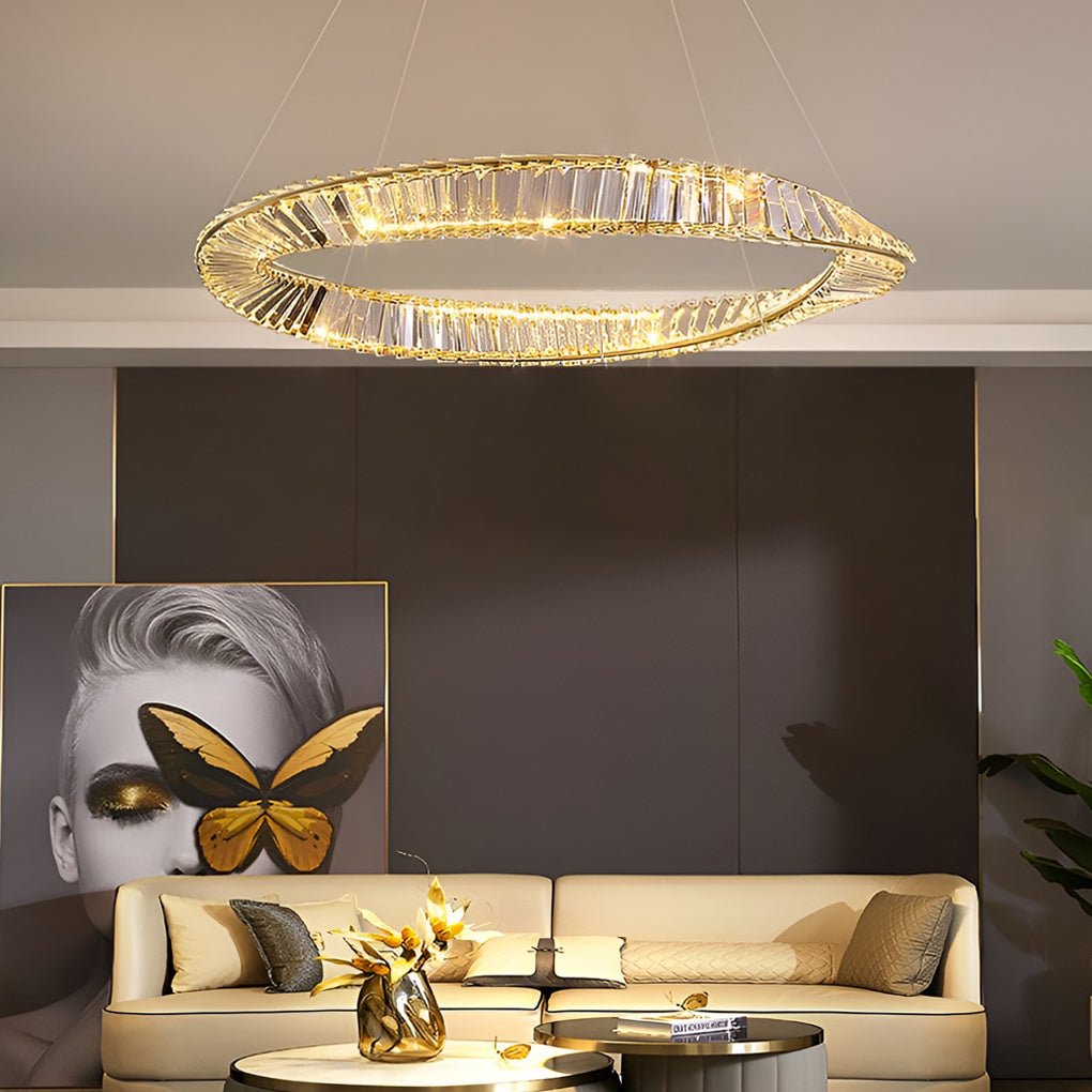 Modern Gold Crystal Ring LED Chandelier Dimmable Flush Mount Ceiling Light for Living Room Bedroom