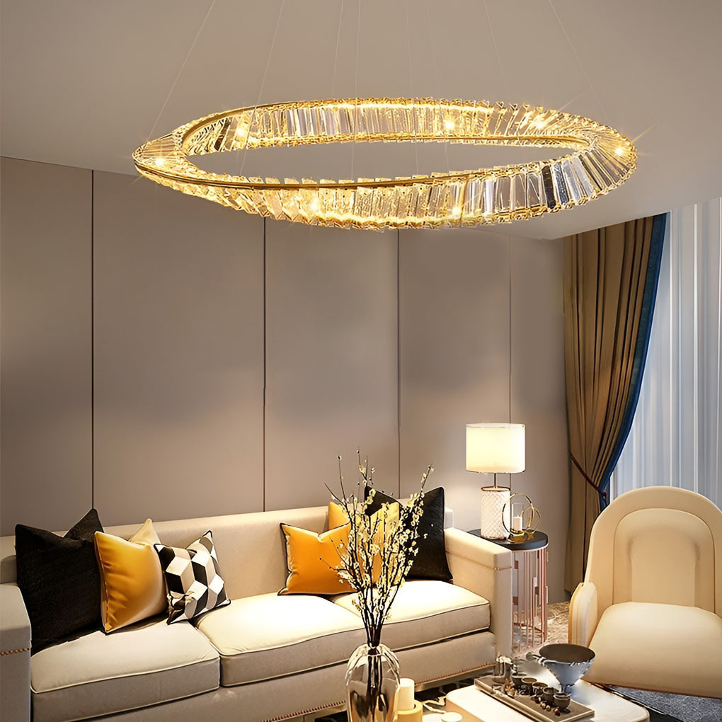 Modern Gold Crystal Ring LED Chandelier Dimmable Flush Mount Ceiling Light for Living Room Bedroom