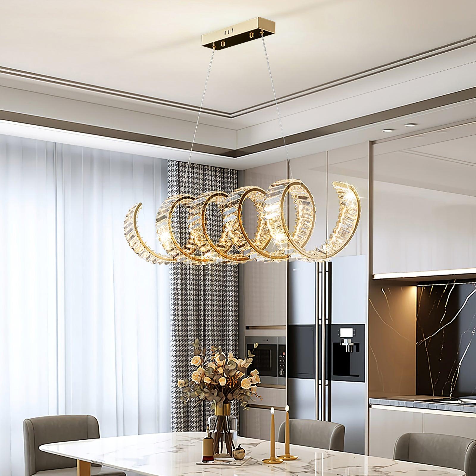 Modern Gold Curved LED Crystal Chandelier Luxury Wave Pendant Light for High Ceiling