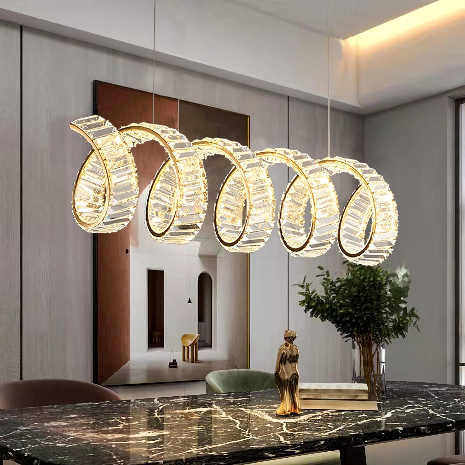Modern Gold Curved LED Crystal Chandelier Luxury Wave Pendant Light for High Ceiling