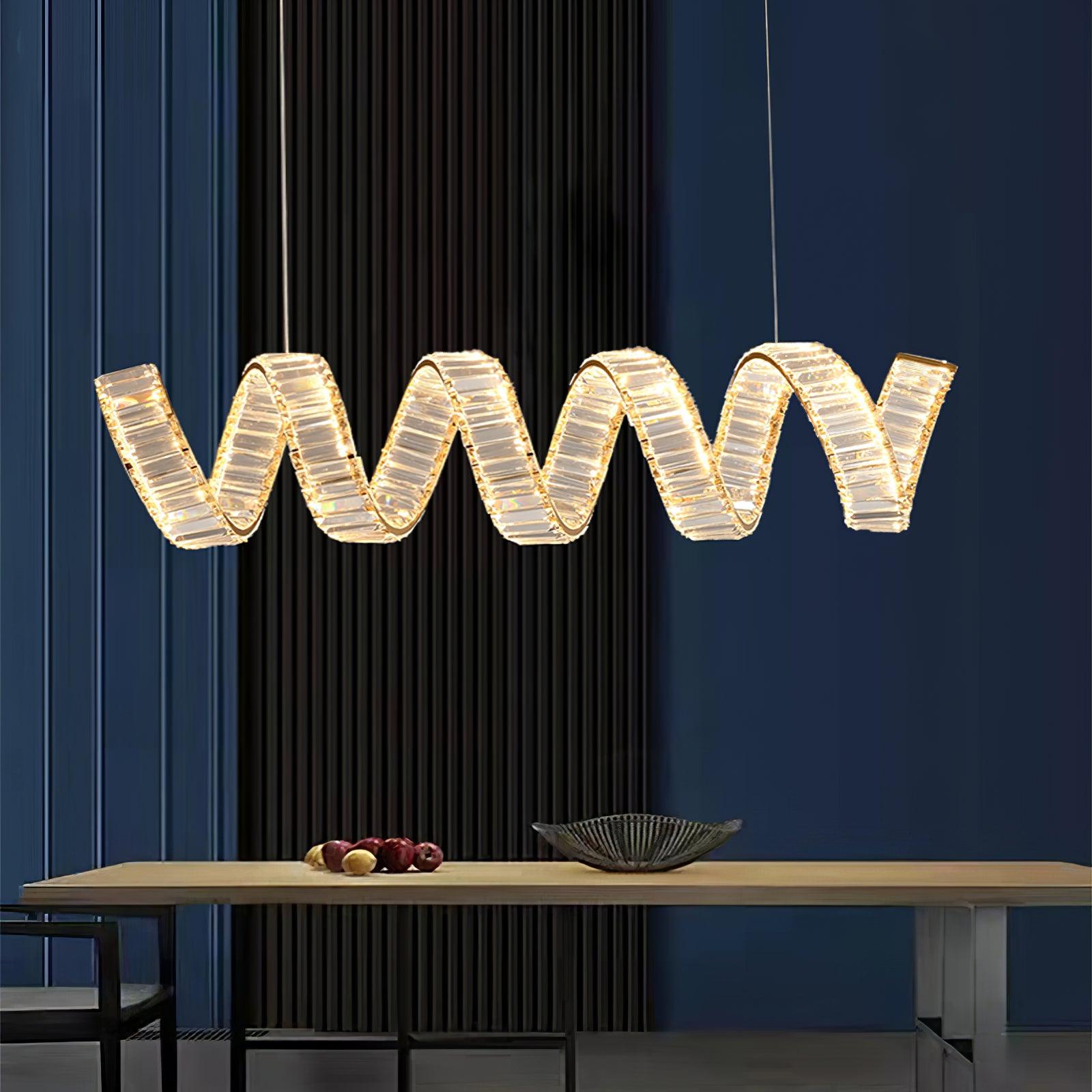 Modern Gold Curved LED Crystal Chandelier Luxury Wave Pendant Light for High Ceiling