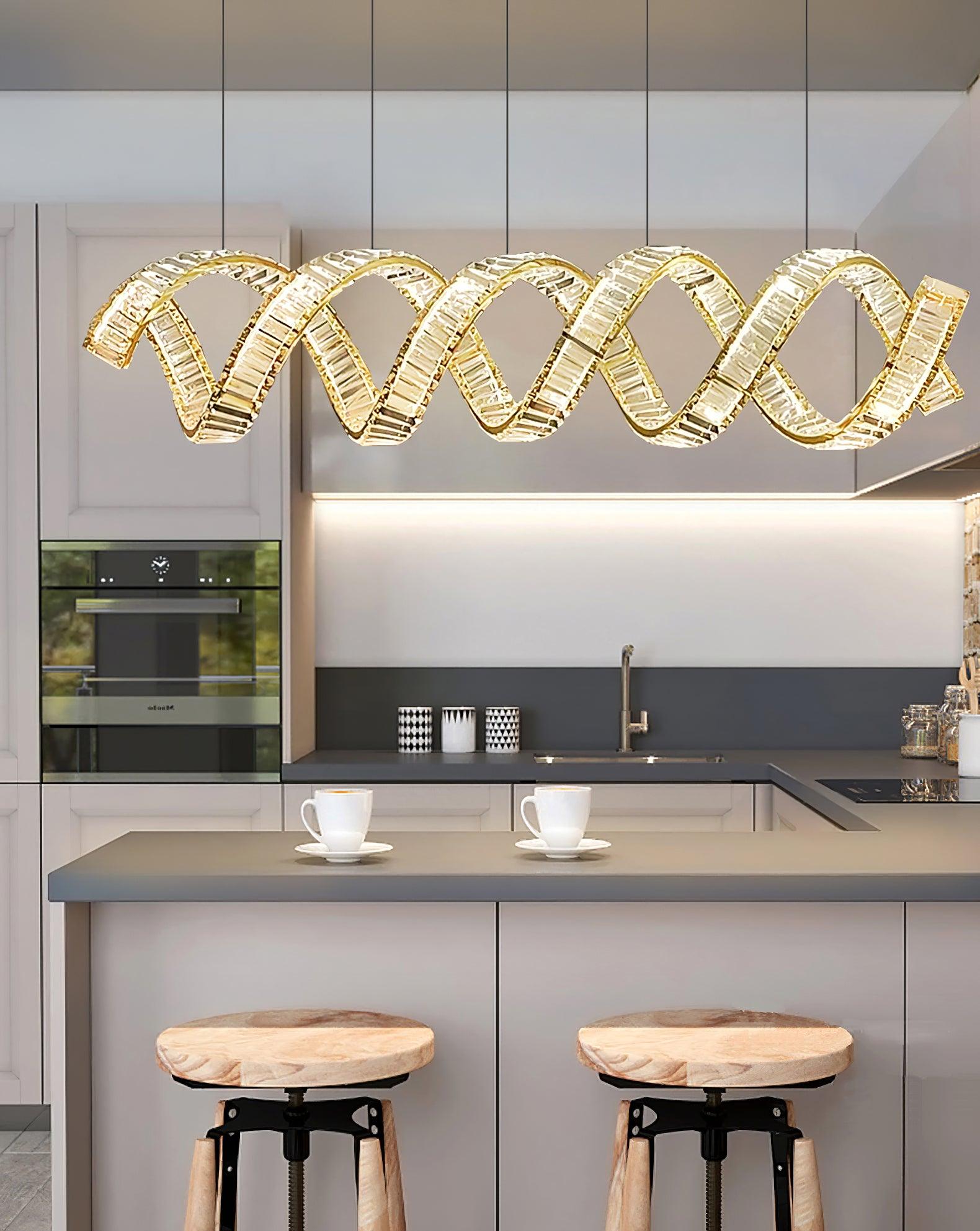 Modern Gold Curved LED Crystal Chandelier Luxury Wave Pendant Light for High Ceiling