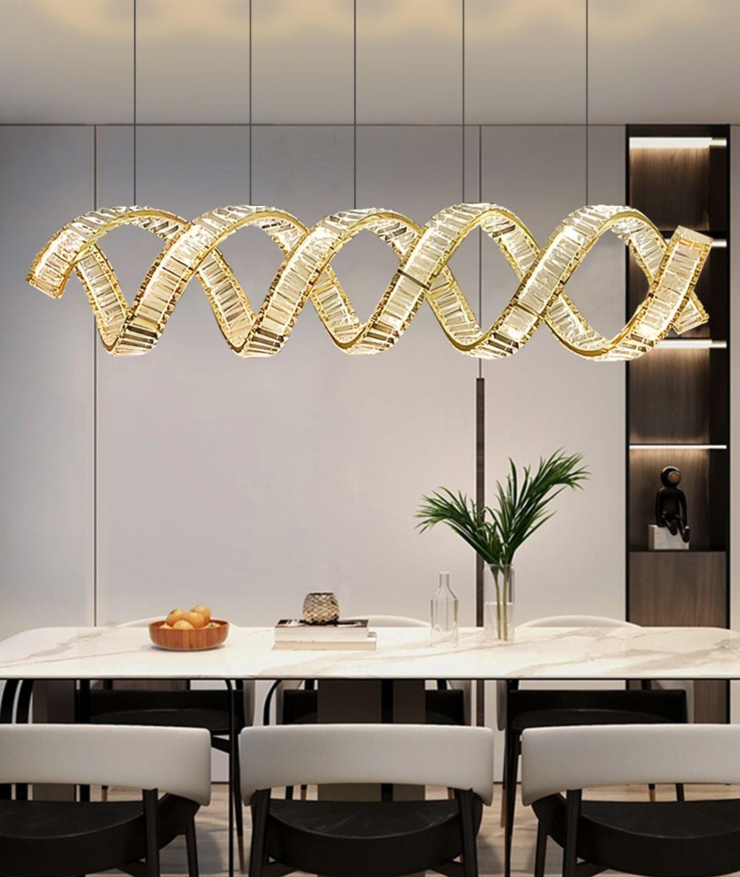Modern Gold Curved LED Crystal Chandelier Luxury Wave Pendant Light for High Ceiling