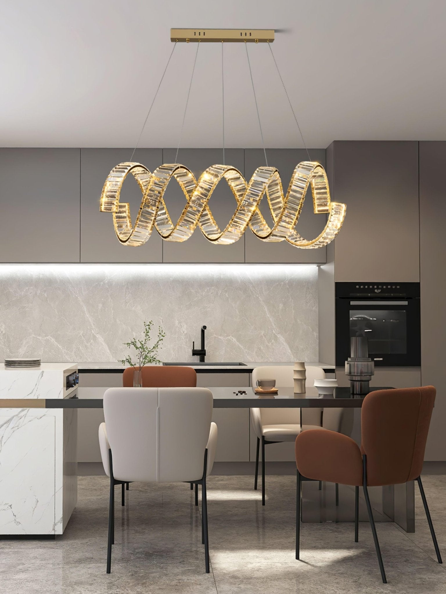 Modern Gold Curved LED Crystal Chandelier Luxury Wave Pendant Light for High Ceiling