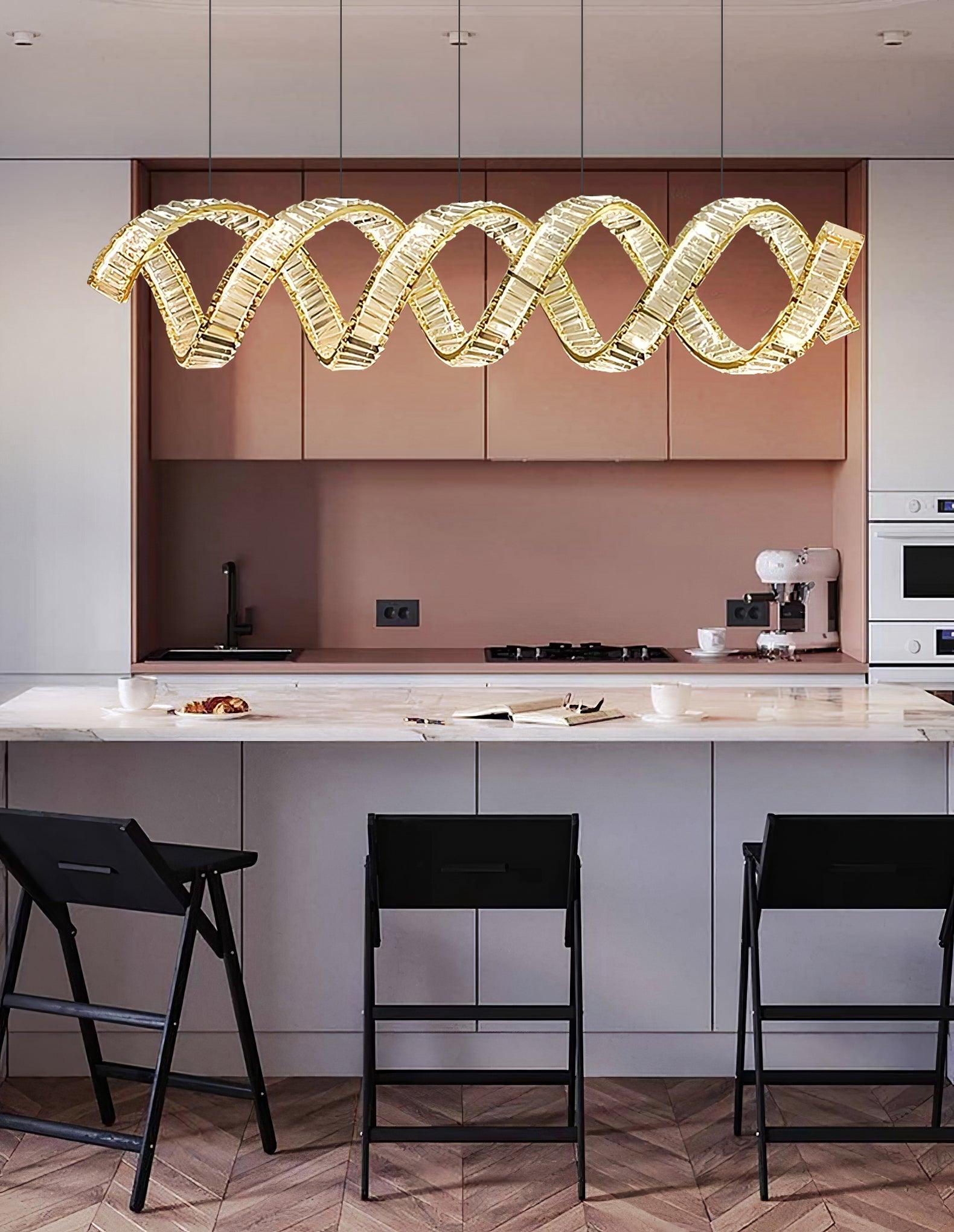 Modern Gold Curved LED Crystal Chandelier Luxury Wave Pendant Light for High Ceiling