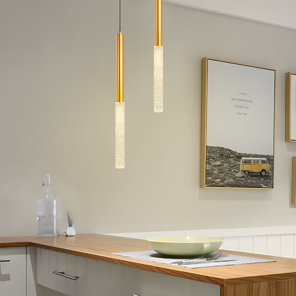 Modern Gold Cylinder LED Pendant Light with Bubbles Shade and 3 Step Dimming Hanging Lamp