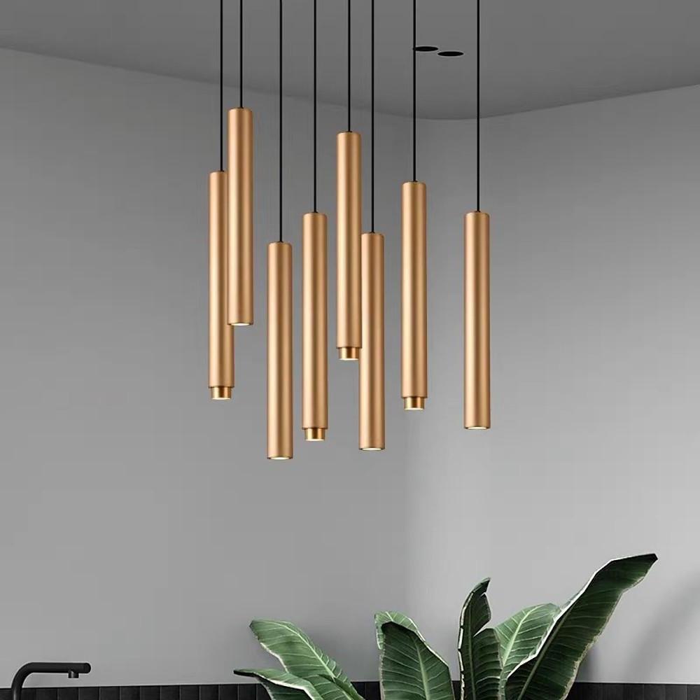 Modern Gold Cylindrical LED Pendant Light Adjustable Hanging Island Lighting for Kitchen and Dining Room