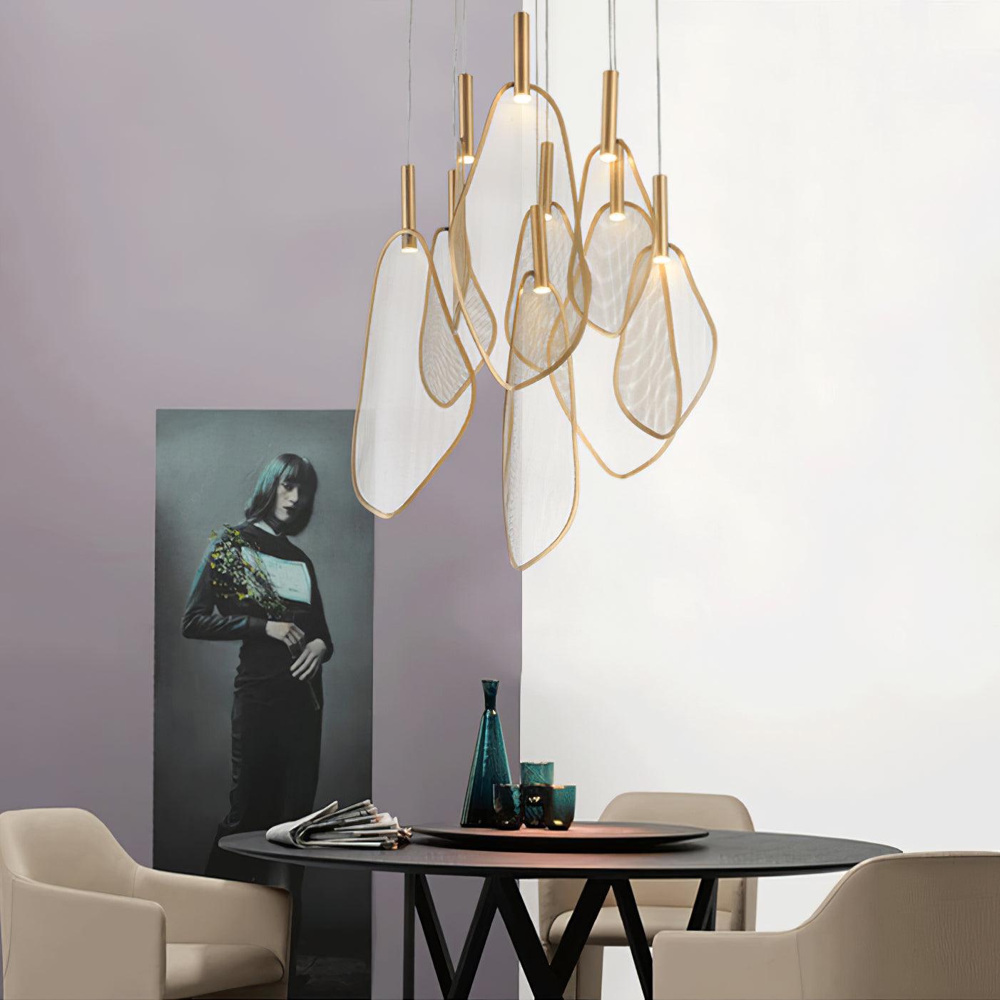 Modern Gold Fan Shape Pendant Light Integrated LED Tropical Design Chandelier