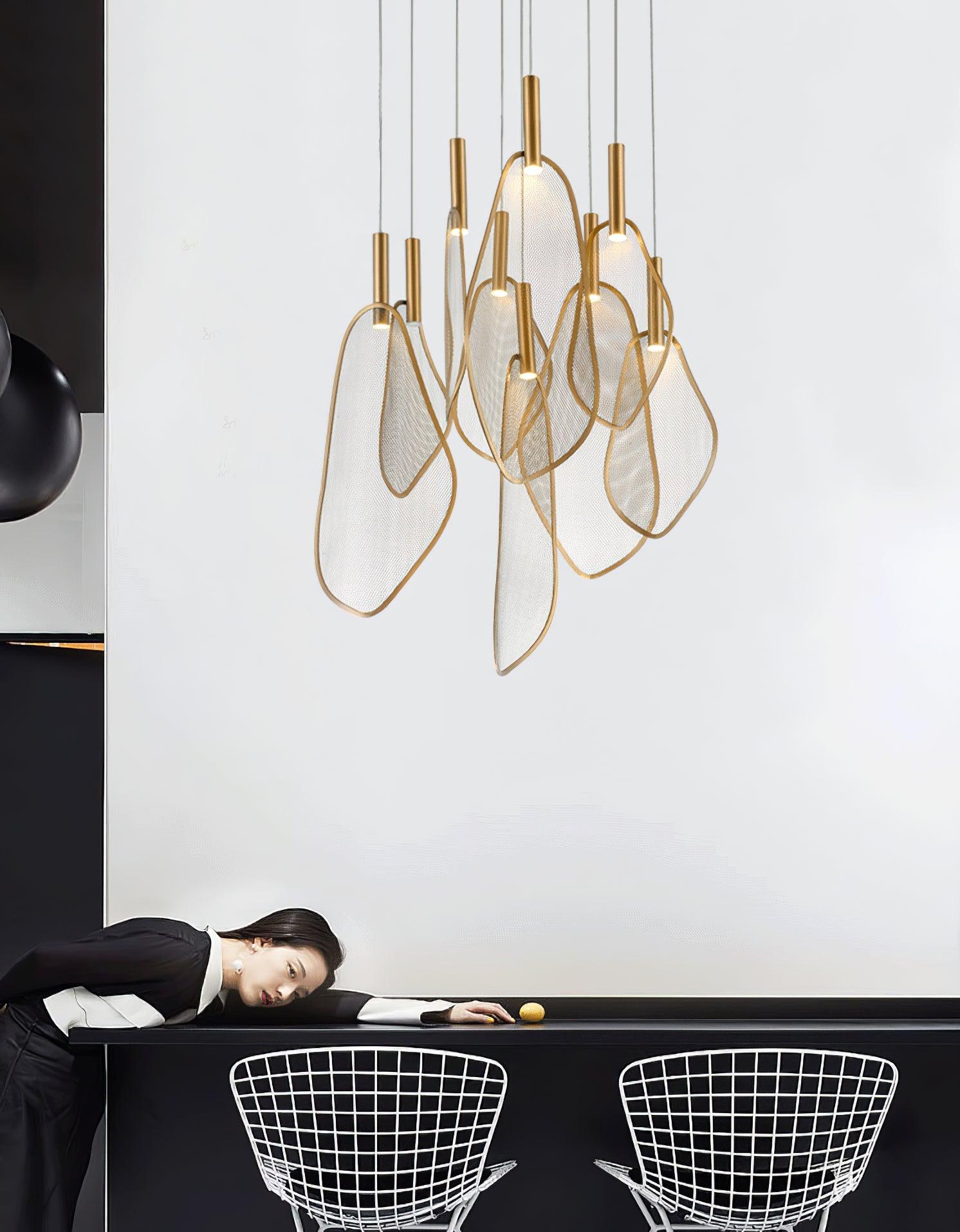 Modern Gold Fan Shape Pendant Light Integrated LED Tropical Design Chandelier