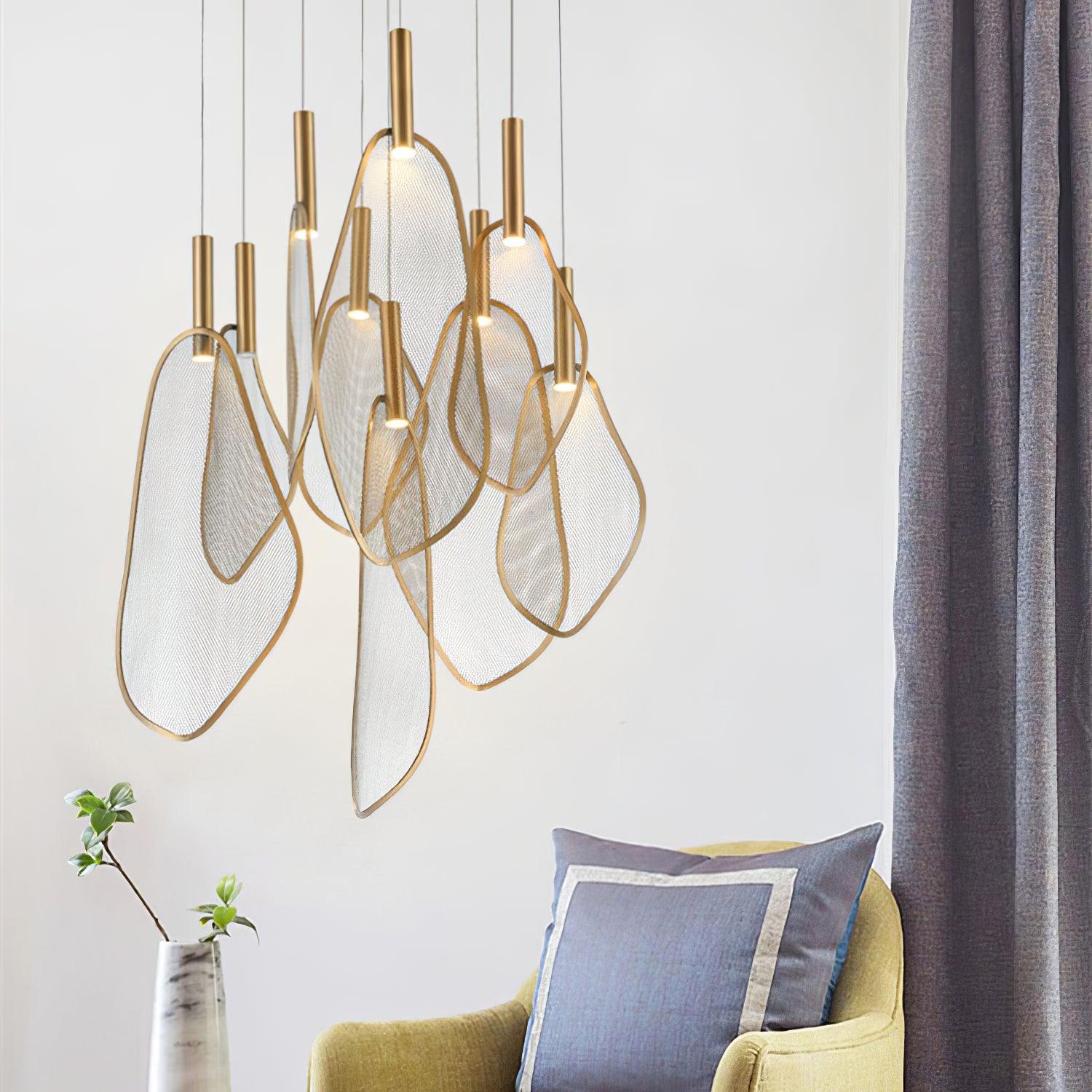 Modern Gold Fan Shape Pendant Light Integrated LED Tropical Design Chandelier