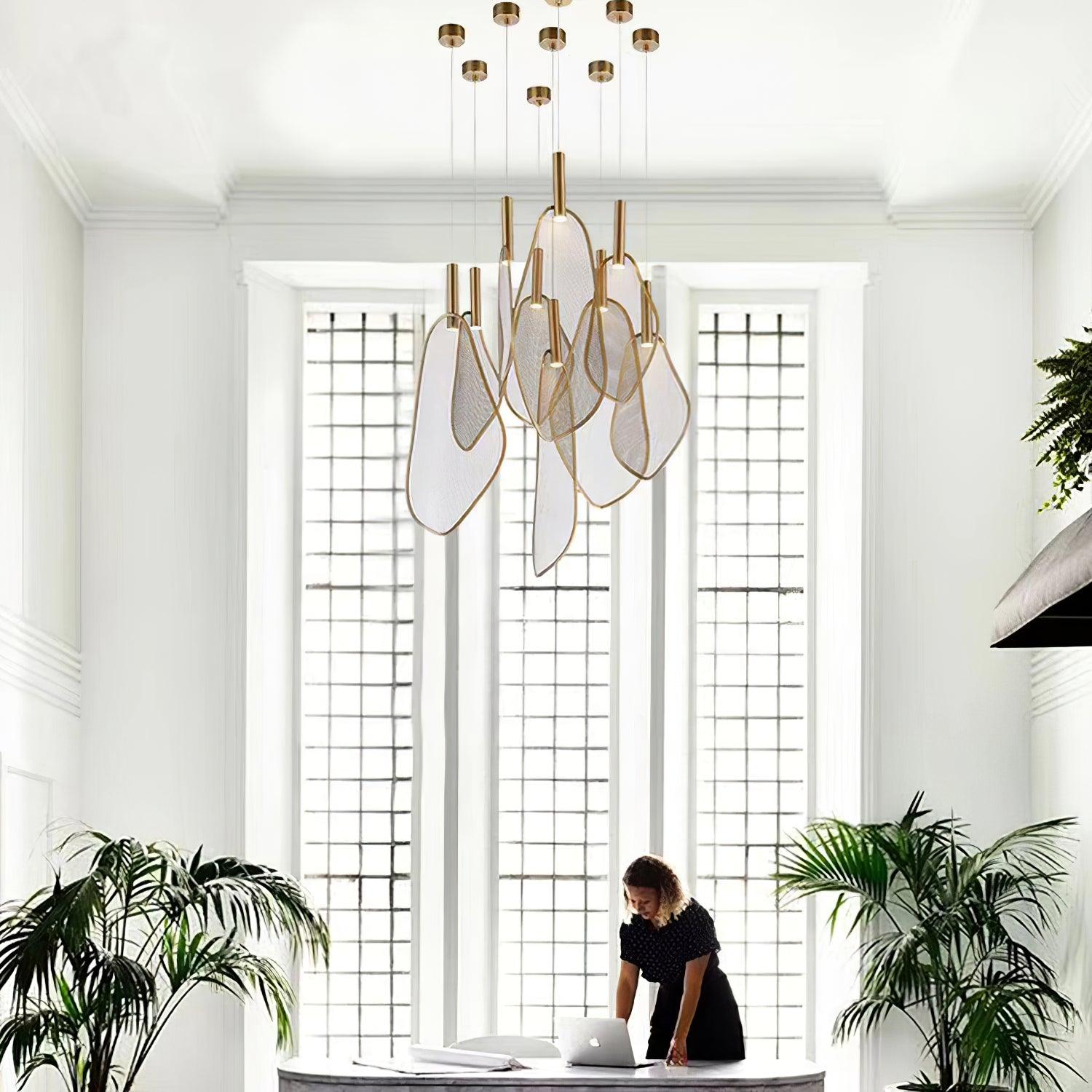 Modern Gold Fan Shape Pendant Light Integrated LED Tropical Design Chandelier
