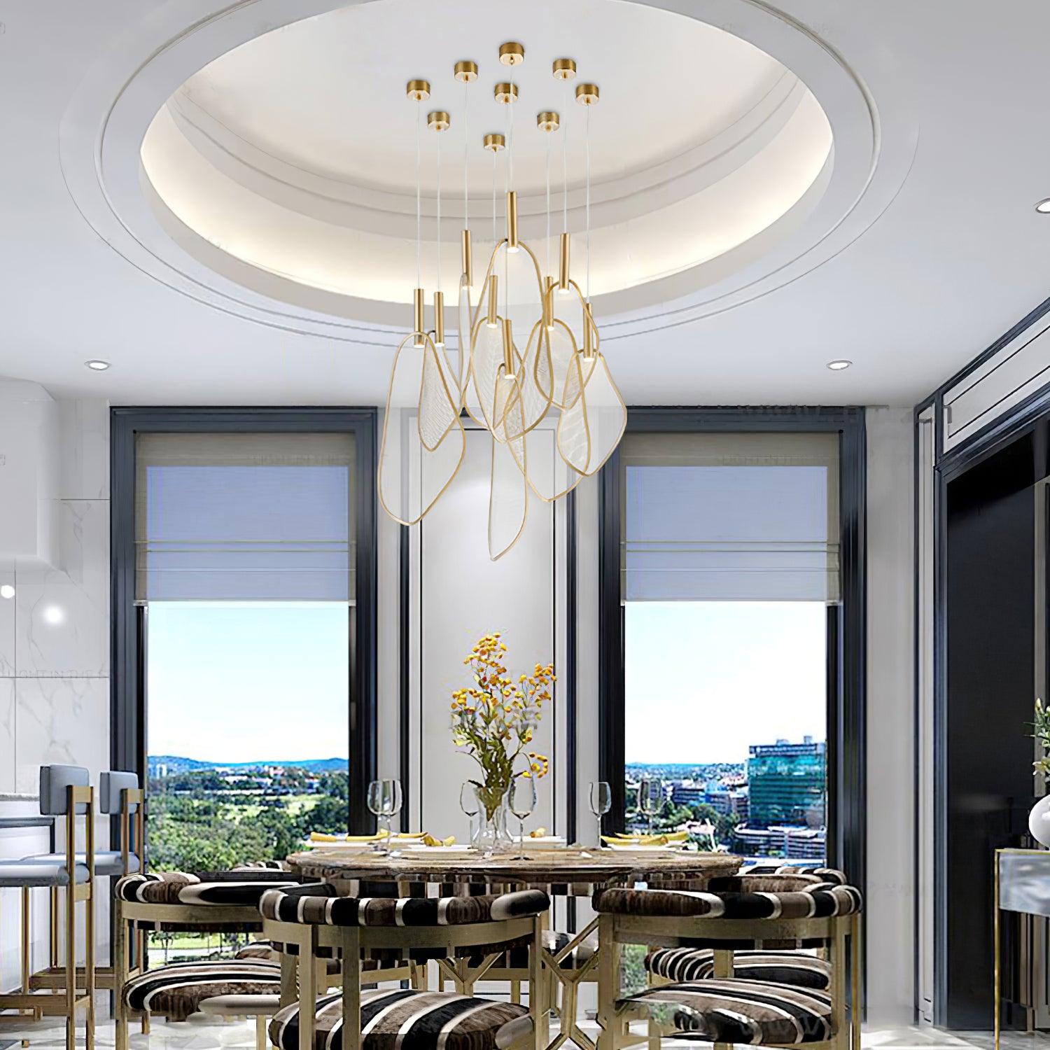 Modern Gold Fan Shape Pendant Light Integrated LED Tropical Design Chandelier