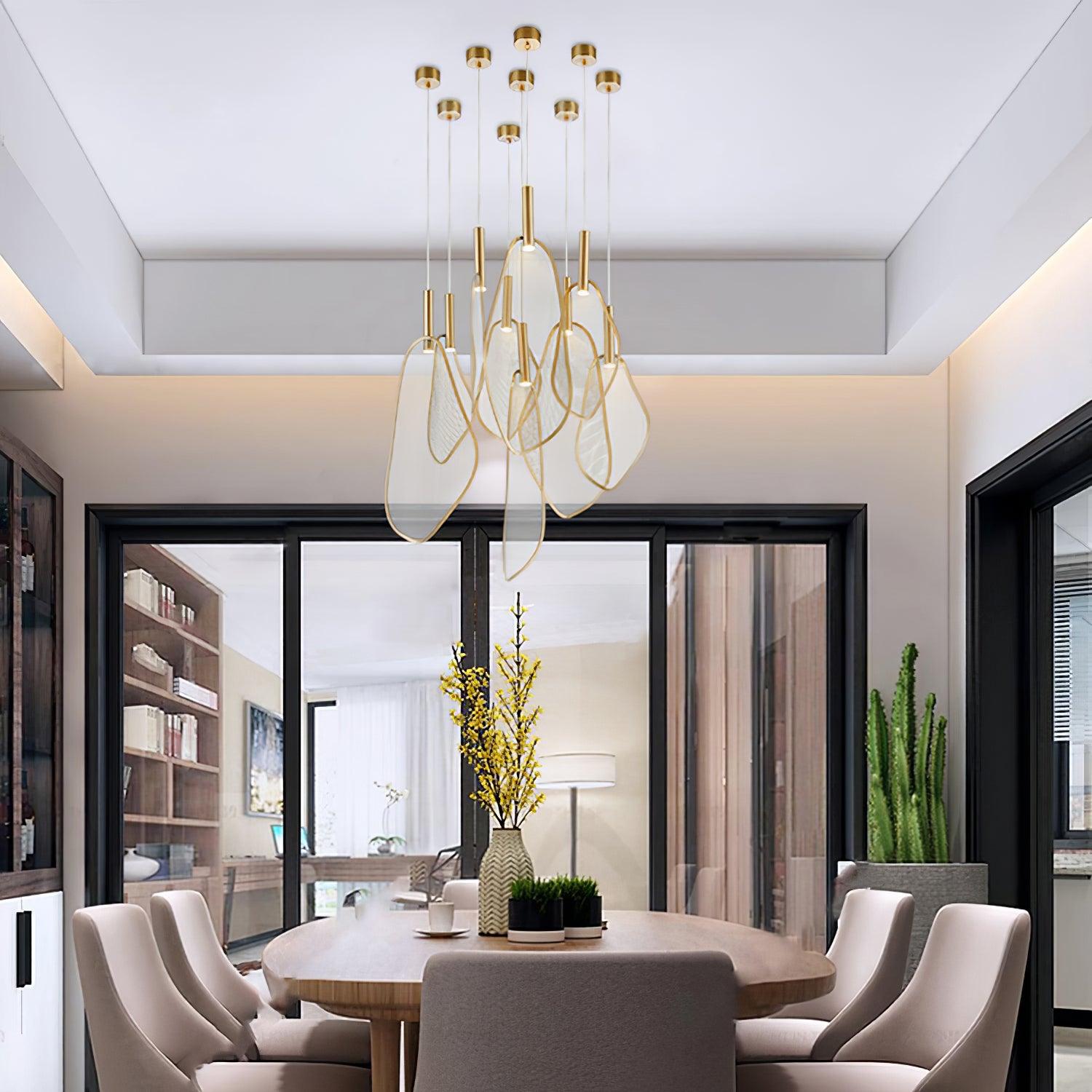 Modern Gold Fan Shape Pendant Light Integrated LED Tropical Design Chandelier