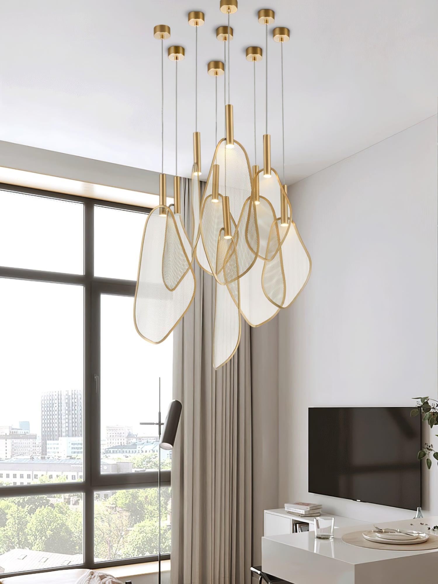 Modern Gold Fan Shape Pendant Light Integrated LED Tropical Design Chandelier