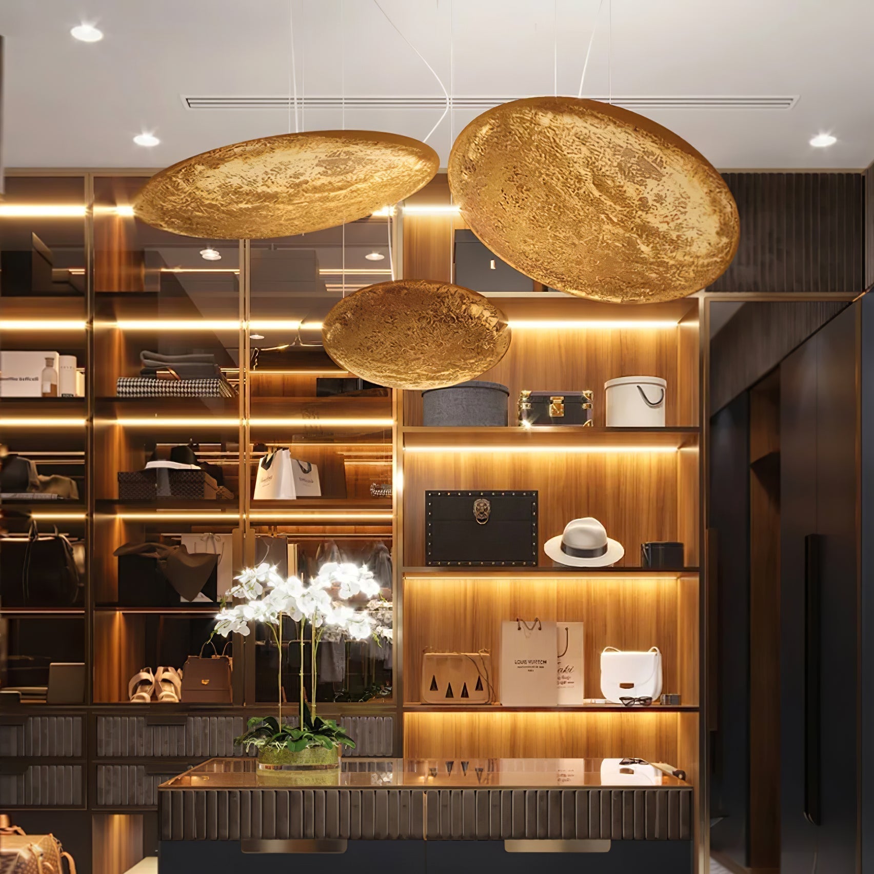 Modern Gold Foil Gong Pendant Lamp Minimalist LED Circular Hanging Light