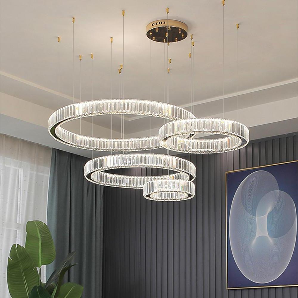 Modern Gold Four Ring Crystal Chandelier Large LED Pendant Lighting for Living Room Foyer