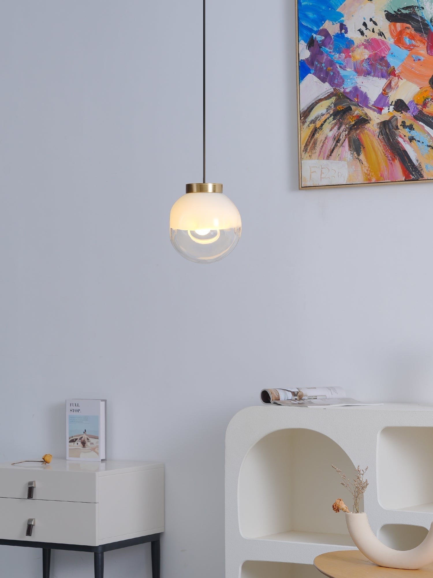 Modern Gold Globe Pendant Light with Semi White Glass Sphere for Kitchen and Dining Room