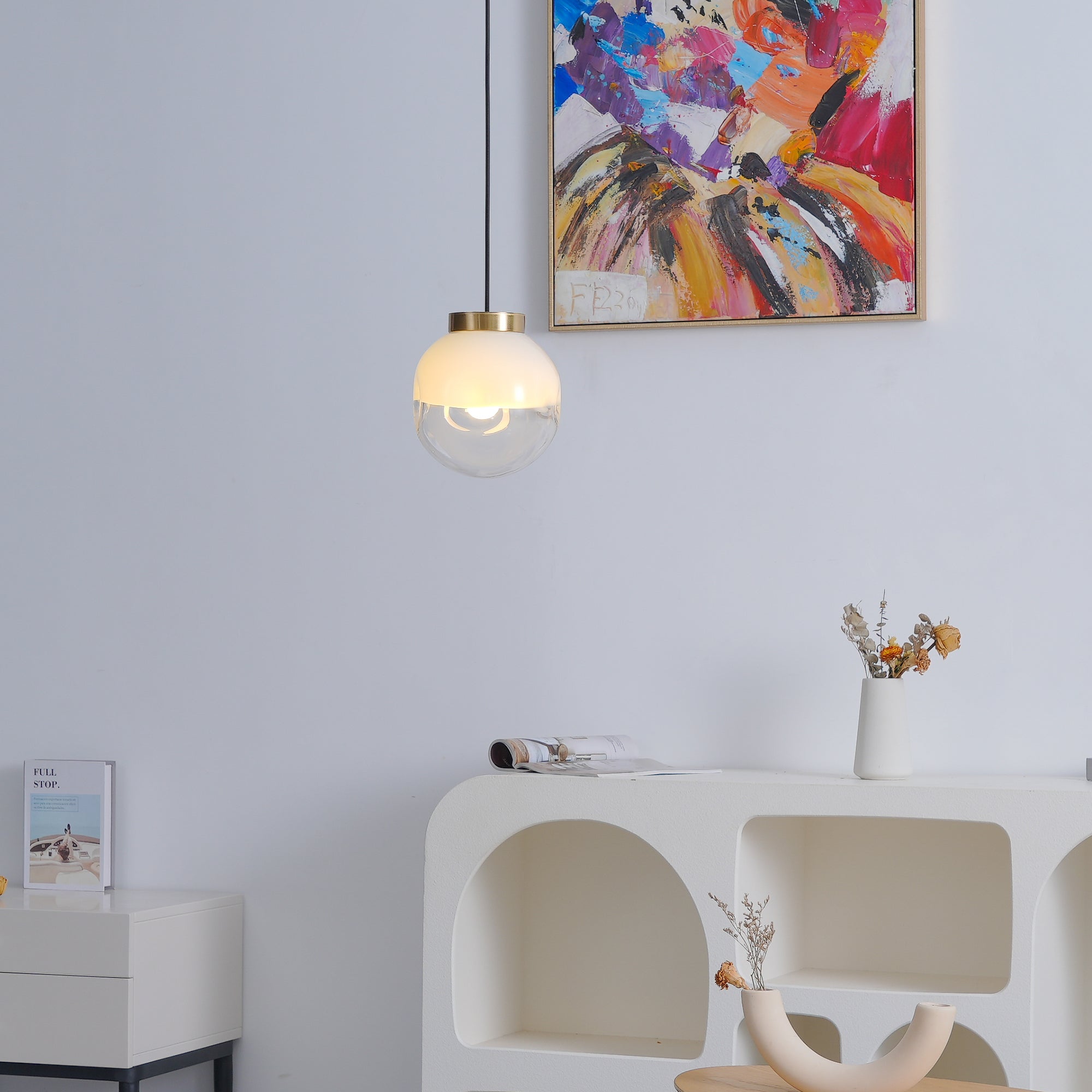 Modern Gold Globe Pendant Light with Semi White Glass Sphere for Kitchen and Dining Room
