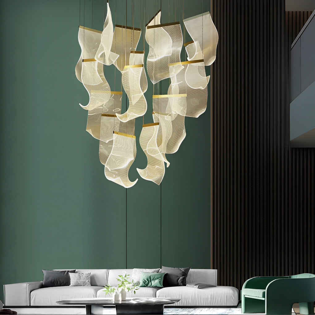 Modern Gold LED Chandelier with Irregular Acrylic Paper Curls and Stepless Dimming