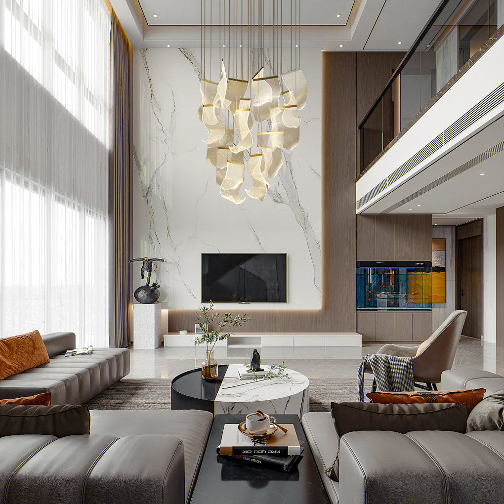 Modern Gold LED Chandelier with Irregular Acrylic Paper Curls and Stepless Dimming