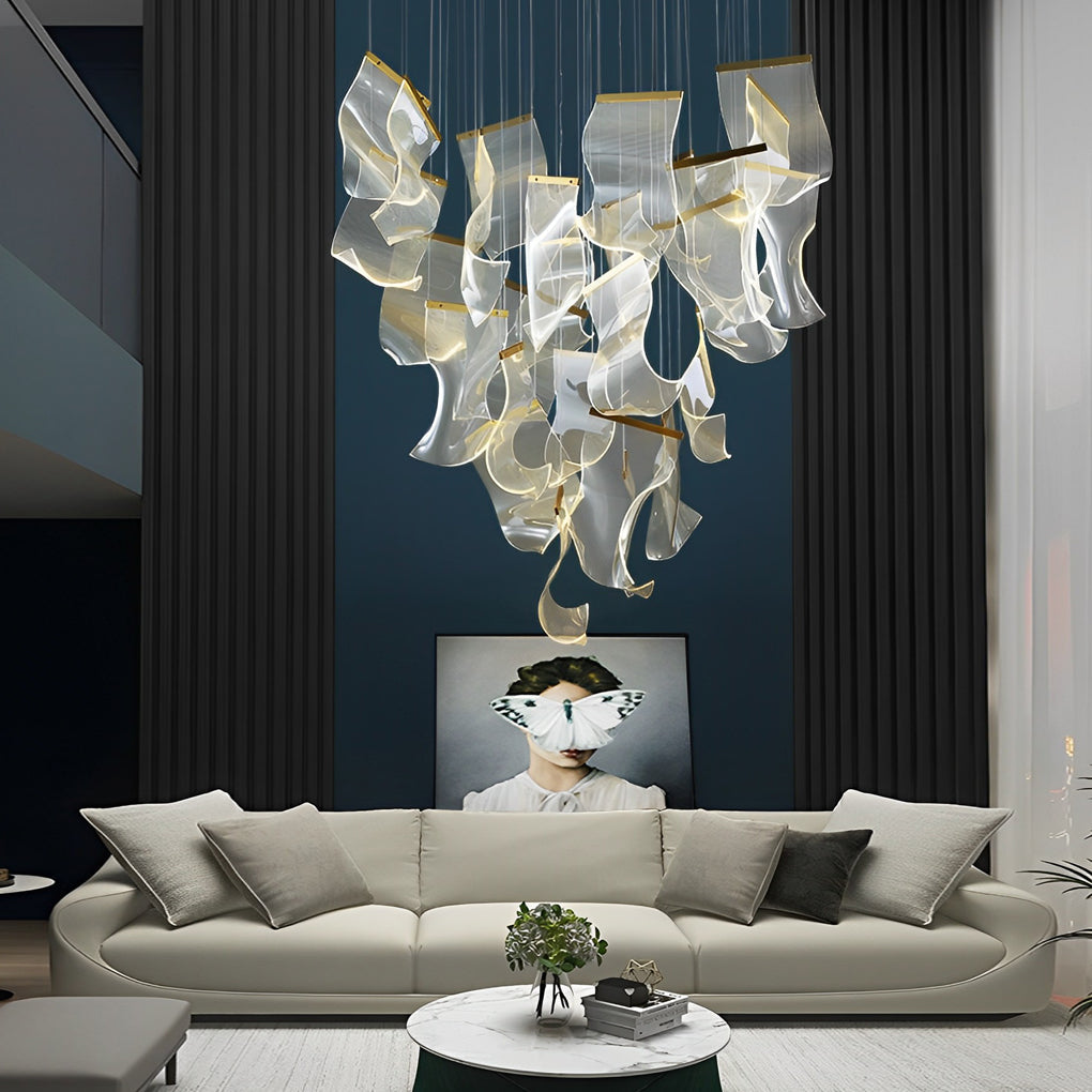 Modern Gold LED Chandelier with Irregular Acrylic Paper Curls and Stepless Dimming