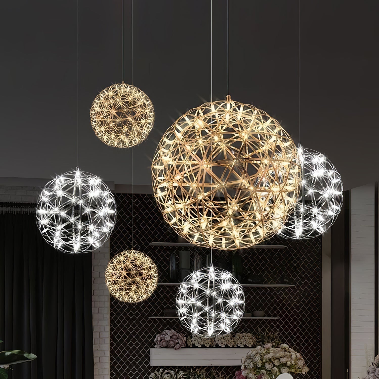 Modern Gold LED Spark Ball Pendant Light Spherical Fireworks Chandelier for Modern Interiors