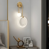 Modern Gold LED Wall Sconce 2 Light Fixture with Acrylic Ring and Frosted Globe