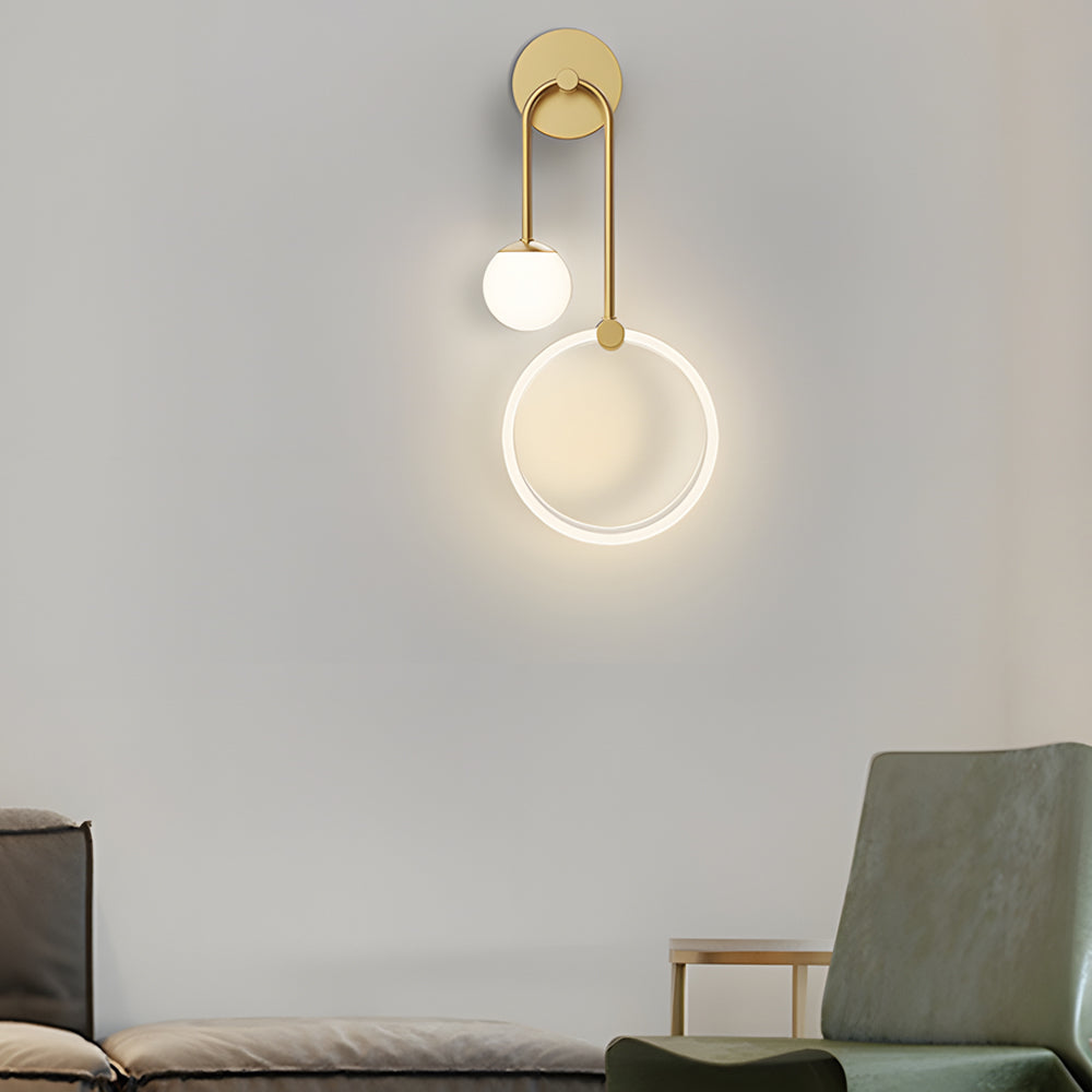 Modern Gold LED Wall Sconce 2 Light Fixture with Acrylic Ring and Frosted Globe