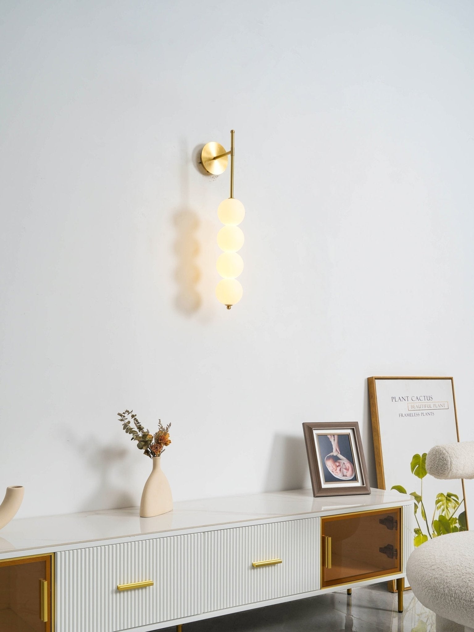 Modern Gold LED Wall Sconce with Hand Blown Opal Glass Globe Spheres