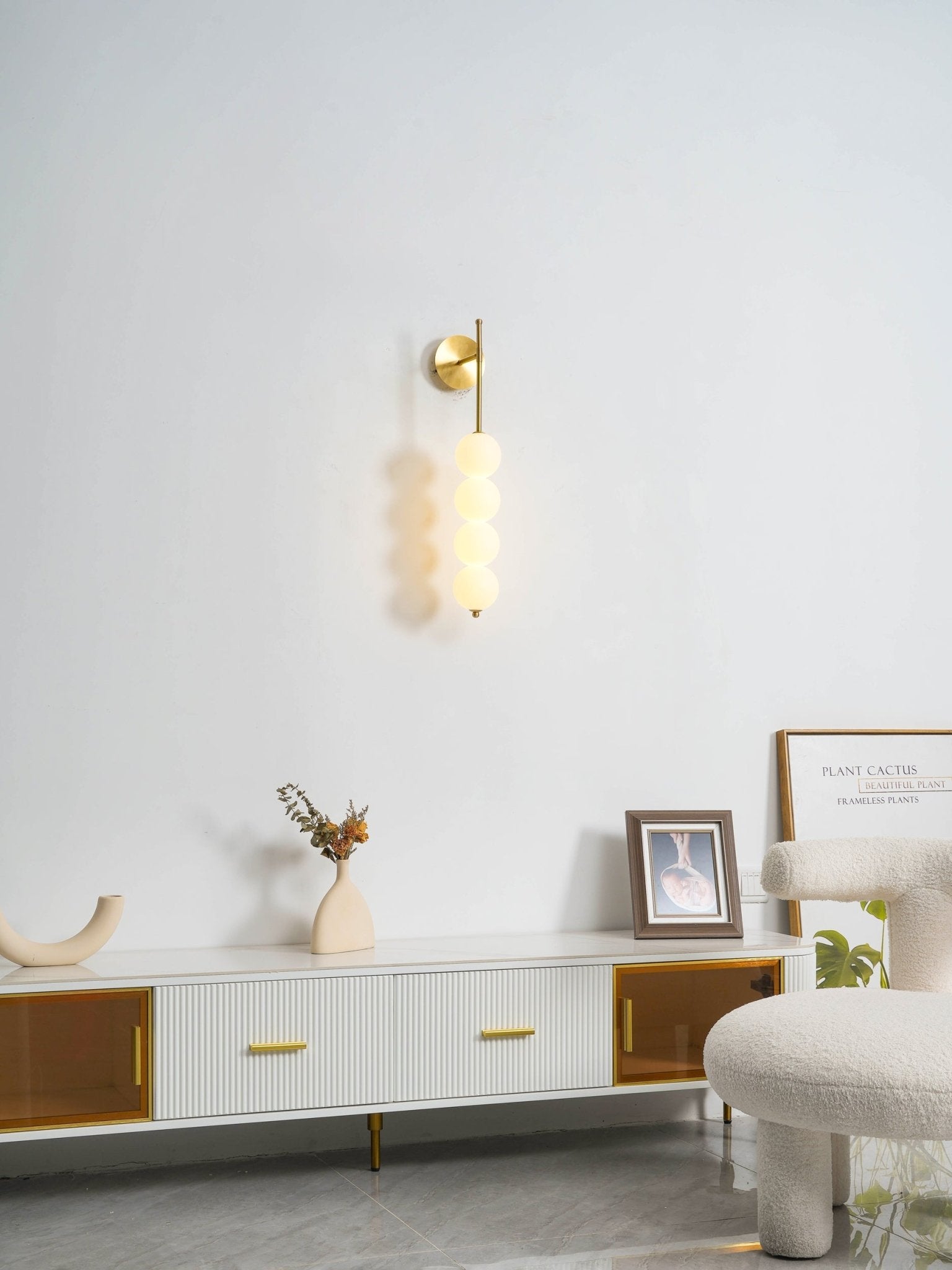Modern Gold LED Wall Sconce with Hand Blown Opal Glass Globe Spheres