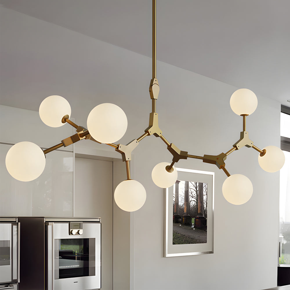 Modern Gold Molecule Chandelier with White Glass Globe Shades for Living Room