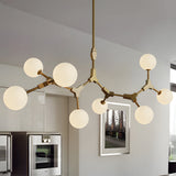 Modern Gold Molecule Chandelier with White Glass Globe Shades for Living Room