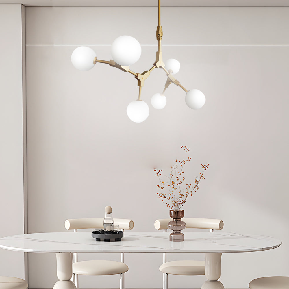 Modern Gold Molecule Chandelier with White Glass Globe Shades for Living Room