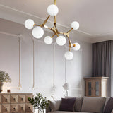 Modern Gold Molecule Chandelier with White Glass Globe Shades for Living Room
