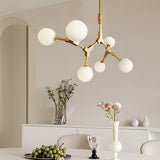 Modern Gold Molecule Chandelier with White Glass Globe Shades for Living Room