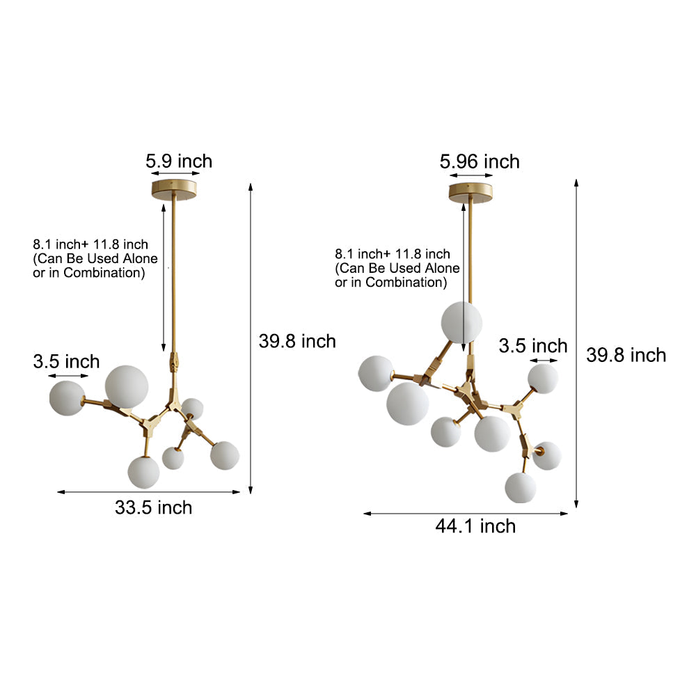 Modern Gold Molecule Chandelier with White Glass Globe Shades for Living Room