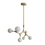 Modern Gold Molecule Chandelier with White Glass Globe Shades for Living Room