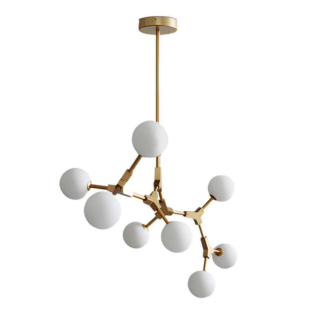 Modern Gold Molecule Chandelier with White Glass Globe Shades for Living Room