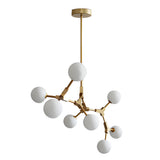 Modern Gold Molecule Chandelier with White Glass Globe Shades for Living Room