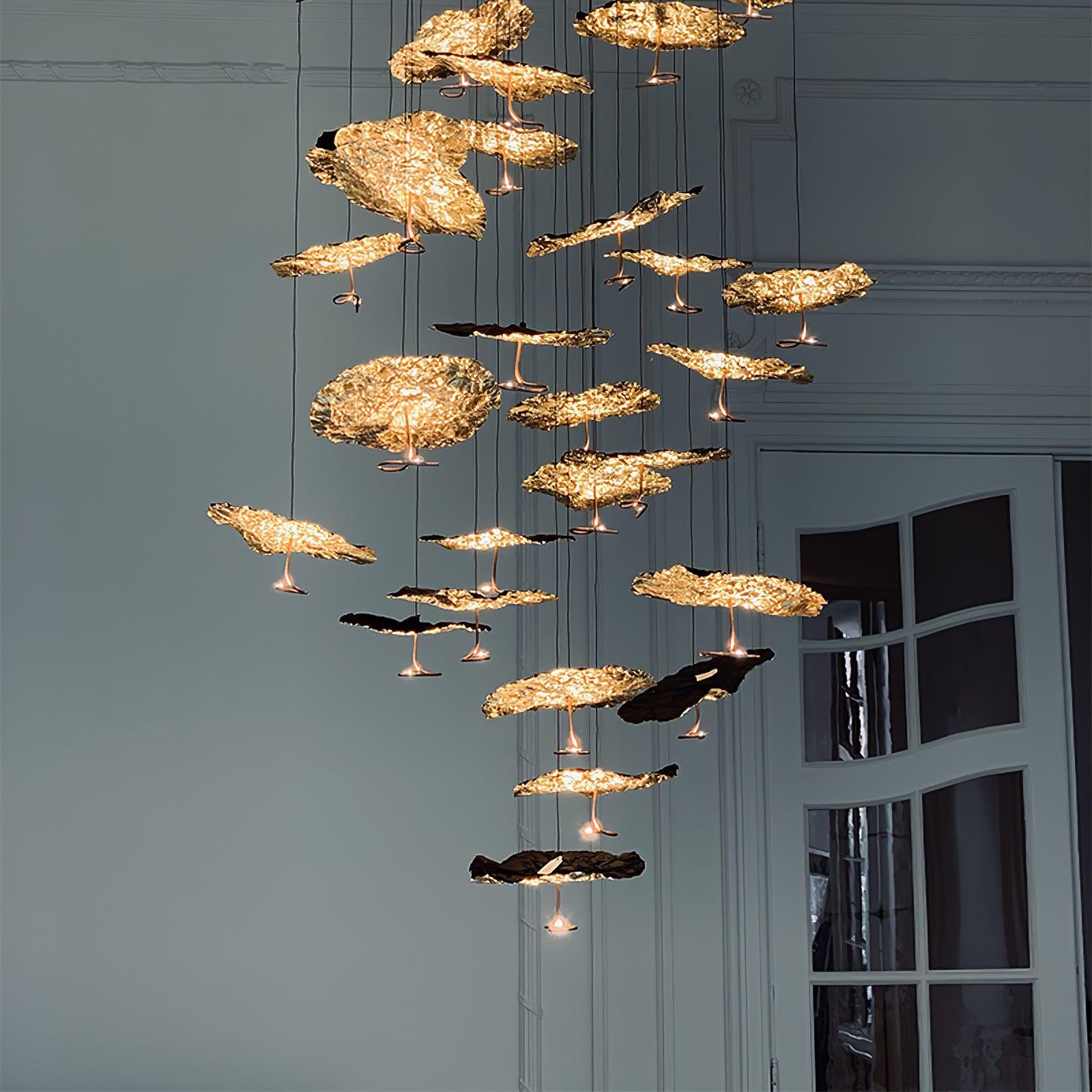 Modern Gold Moon Brass Aviary Constellation LED Chandelier with Metal Shards